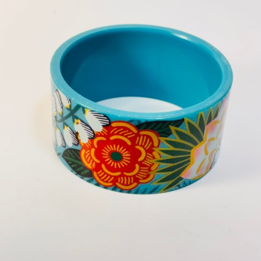 Floral Bangle Bracelet Turquoise Blue Plastic Boho Chic Statement Retro 90s